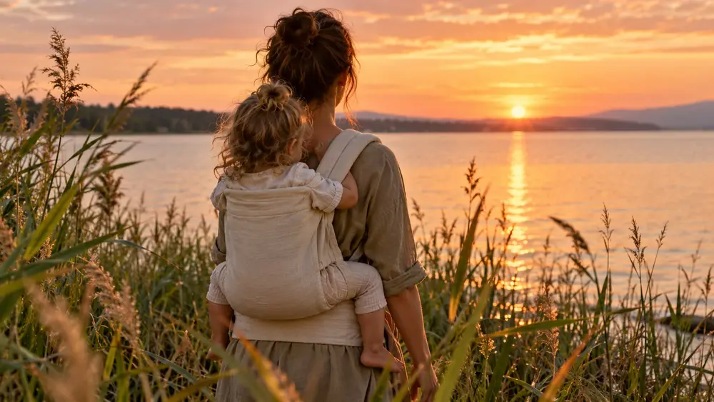 Portage dorsal au bord d’un lac avec un porte-bébé physiologique (illustration générée par IA)