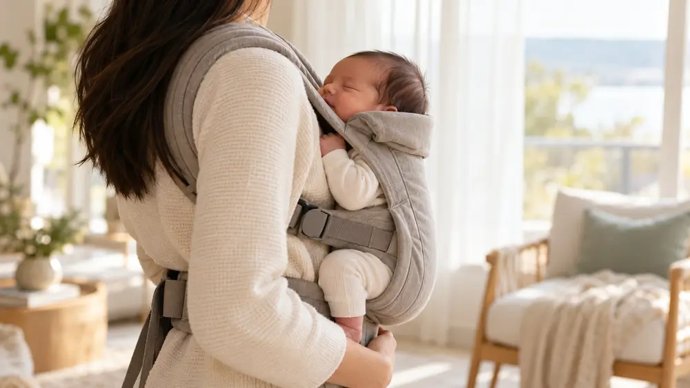 Portage ventral d’un nouveau-né dans un porte-bébé physiologique (illustration générée par IA)