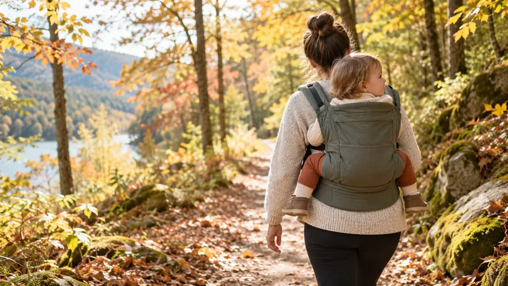Portage dorsal avec un porte-bébé physiologique en forêt (illustration générée par IA)