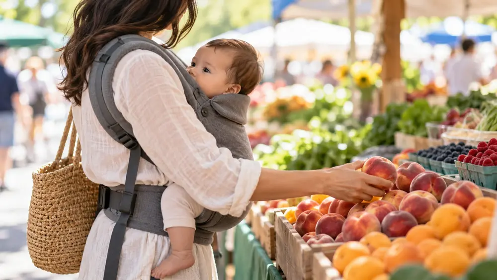 Portage ventral au marché avec un porte-bébé physiologique (illustration générée par IA)