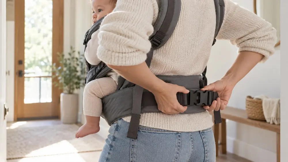 Mettre un porte-bébé : boucler la ceinture ventrale (illustration générée par IA)