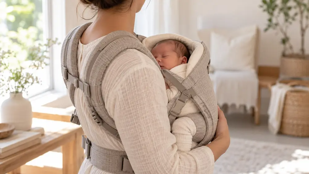 Porte-bébé adapté dès la naissance (illustration générée par IA)