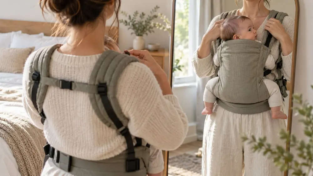 Choisir un porte-bébé physiologique à l’assise large (illustration générée par IA)