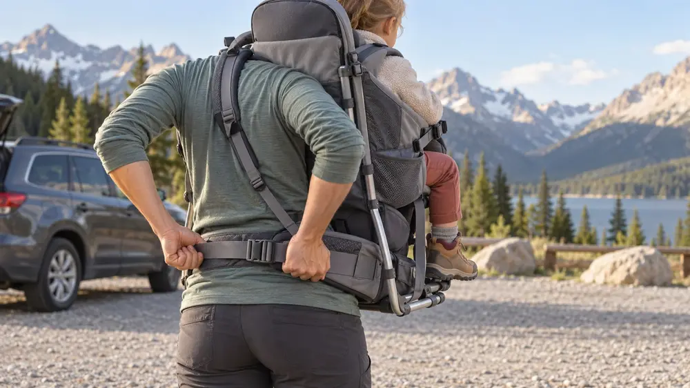Réglage de la ceinture d’un porte-bébé de randonnée avant le départ (illustration générée par IA)