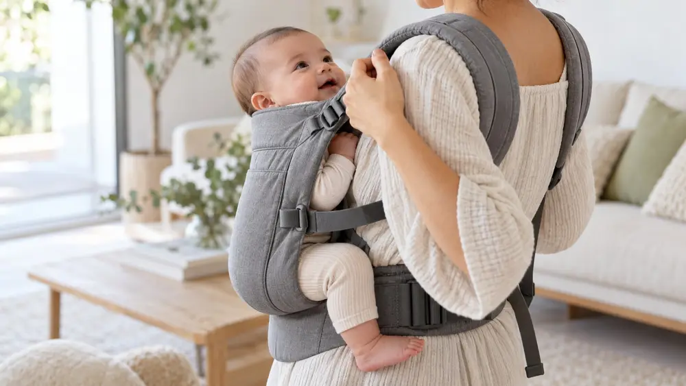 Installer un bébé dans un porte-bébé physiologique (illustration générée par IA)